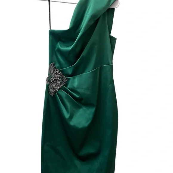 david meister green dress David Meister Ruched Square Neck 3/4 Sleeve Green Dress Size 10